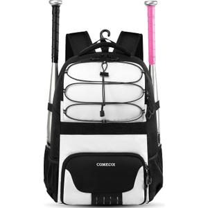 COMECOI Softball Bag, Lightweight Baseball Backpack with Shoes Compartment, Baseball Bat Bags with Fence Hook for TBall Bat & Equipment, for Batting Mitten, Helmet, for Girls, Boys, Youth, Adults (White & Black)