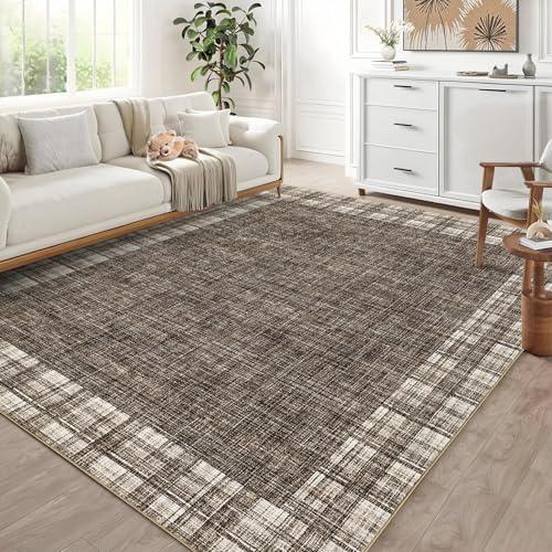 GarveeHome Rugs for Living Room 5x7 Machine Washable Area Rug Modern Plaid Rugs Large Rug Non Slip Low Pile Soft Carpet Indoor Floor Cover for Bedroom, Brown
