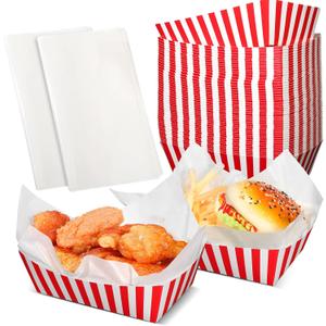 Rtteri 50 Pcs Carnival Party Paper Trays with Greaseproof Liner - Striped Circus Food Boats for Carnival Party Supplies (Red and White Stripes)