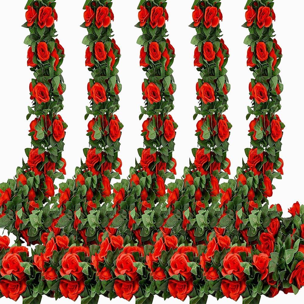 5 Pcs Flower Garland Artificial Rose Floral Garland Flower Vine with Flowers Garlands Decorations Floral Decor (Red)