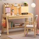 Study Desk and Chair Set Adjustable Height, All Solid Wooden Bedroom Furniture, Pink Table Chair Set with Shelves, Drawer, School Student's Table Office Computer Workstation (Natural Wood)
