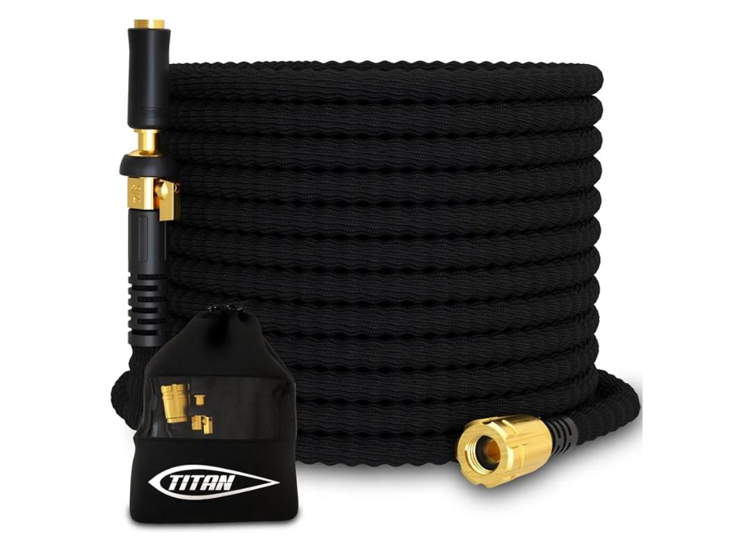 TITAN Flexible Garden Hose 50FT – Ultra Lightweight, Heavy Duty Water Hose with Brass Fittings & Jet Nozzle – Kink-Free, Non-Expanding, Durable Fabric Hose for Yard, Lawn, Car Wash, Outdoor Use