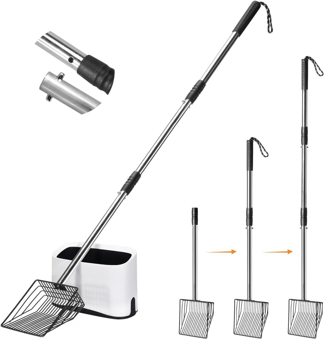 Metal Cat Litter Scoop with Holder, 43" Extendable Long Handle Cat Scooper for Litter Box, Solid & Durable, Deep Shovel for Fast Sifting, Large Pet Pooper Scooper for Kitty/Outside Dog Poop