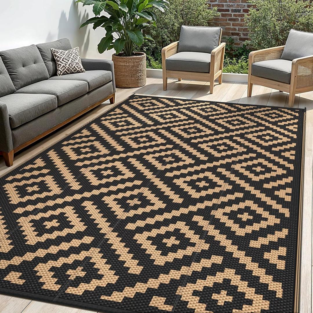 sarben Outdoor Rug for Patio - Waterproof Plastic Straw Camping Rugs 10x14 ft, Reversible Outdoor Indoor RV Mat Carpet for Patio, Porch, Deck, Balcony, Picnic, Beach, Black Brown