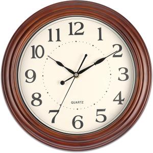 12 Inch Wood Wall Clock, Retro Wooden Wall Clocks Battery Operated, Silent Wall Clock for Living Room Bedroom Housewarming Xmas New Year Present (Walnut)