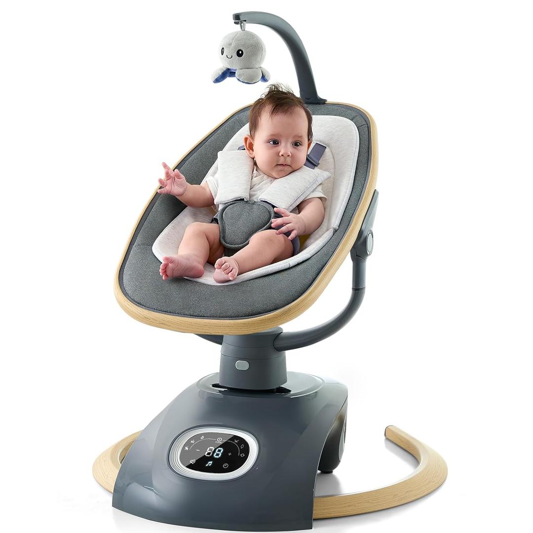 VaVaSoo Electric Baby Swing Newborn for Infants Mamroo with 5 Speeds, Multi Motion 3D Baby Rocker for Girl Boy Swingset Indoor with 13 Melodies Music, Remote Control, Dark Gray (Dark Grey-wood Grain)