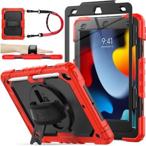 SEYMAC stock Case for iPad 9th/ 8th/ 7th Generation 10.2'', Shockproof with Screen Protector, Pencil Holder [360 Rotating Hand Strap] & Stand, for iPad 10.2 inch 2021-2019 (SiliconeRed+Black)