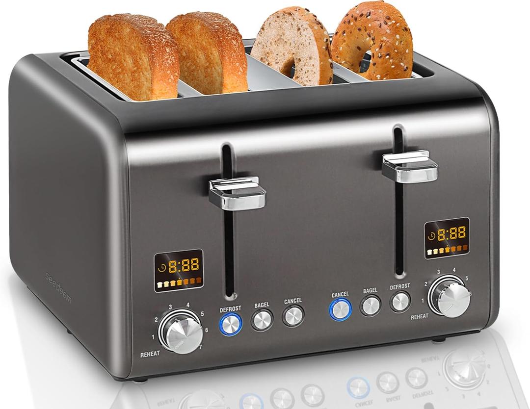 SEEDEEM 4 Slice Stainless Toaster with LCD Display, 7 Shade Settings, Wide Slots, Bagel/Defrost/Reheat Functions, Removable Crumb Tray, 1800W