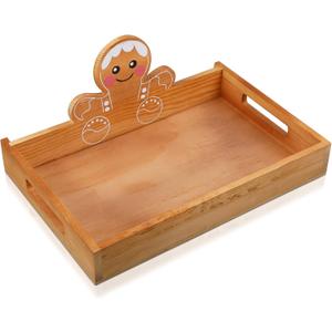 Sliner Christmas Wood Serving Tray with Handles 13.31 x 9.25 Gingerbread Man Christmas Cookie Platter Xmas Decorative Wooden Plate Food Display Dishes for Kitchen Coffee Table