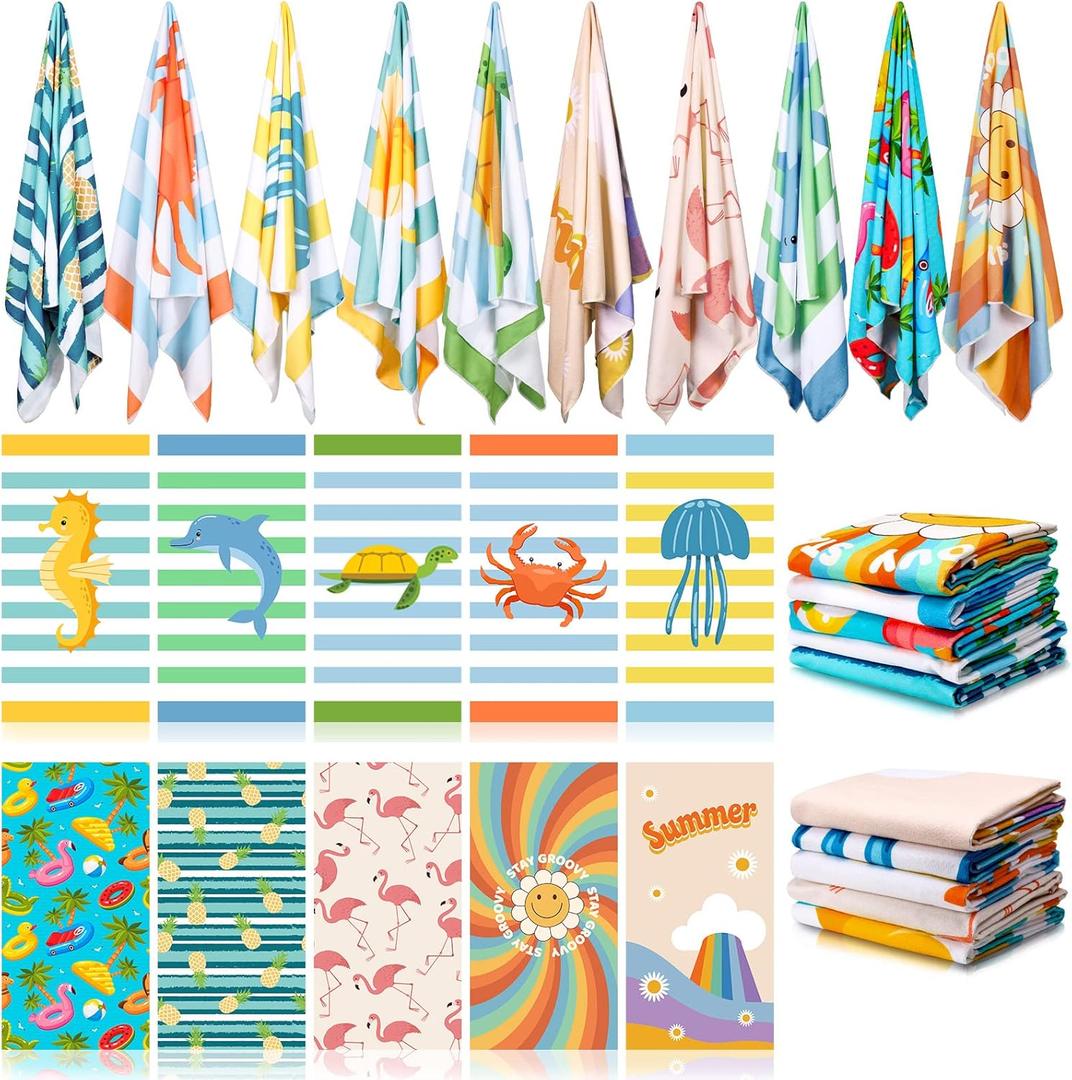 Buryeah 10 Pcs Beach Towels 30 x 60 Inch Quick Dry Absorbent Beach Blanket Seahorse Dolphin Turtle Crab Jellyfish Flamingo Pineapple Sunflower Towel for Sports Pool Picnic Camping Travel Swim