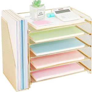OPNICE Desk Organizer, 5-Tier Paper Organizer Letter Tray with Magazine Holder, Office Desk Accessories & Workspace Organizers, Desktop File Organizer for Office Supplies Storage, Gold (15.5" x 9" x 10.3")