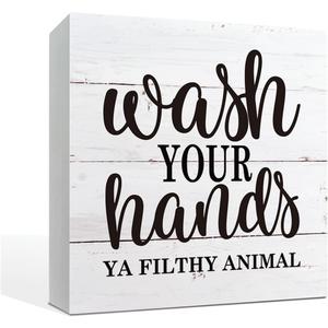 Bathroom Decor Sign - Wash Your Hands You Filthy Animal, Box Sign Tabletop Decor, Washroom Table Art, Kids Restroom Decor, White Box Sign Decor, Home Bathroom Decoration 5x5inch (Style 22)