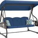 3-Seat Patio Porch Swing 800LBS Outdoor Swing with Stand w/Canopy & Adjustable Backrest Patio Glider Chair w/Removable Pillows & Foldable Side Tray for Balcony Garden Deck (Blue)