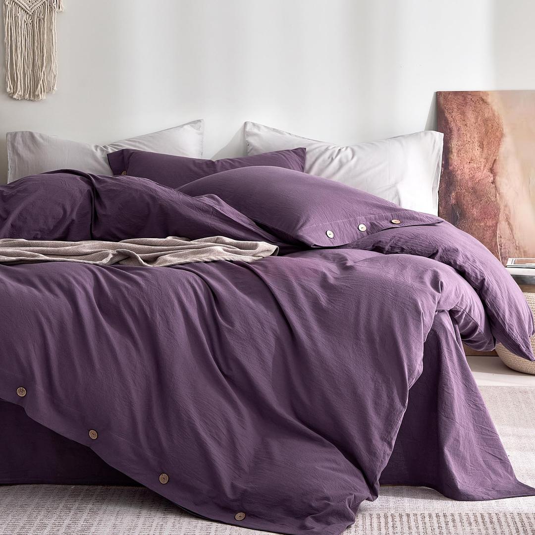 JELLYMONI 100% Washed Cotton Duvet Cover Queen – Soft, Breathable Linen-Look Bedding with Natural Wrinkle Texture, Button Closure, 3-Piece Set (Iris Purple, 90"x90")