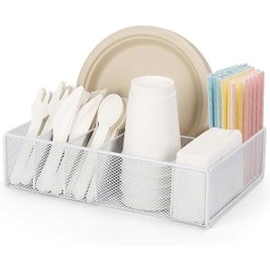 Paper Plate and Utensil Holder Caddy, Metal Silverware Utensil Caddy for Party, Camping, Picnic with 6 Compartments, Outdoor Cutlery Holder for Cup, Napkin, Plates,Plastic Silverware