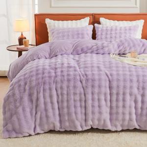 EMME Faux Fur Duvet Cover Queen Size, 3 Pieces Ultra Soft Fluffy Comforter Cover, Cozy Warm for Winter, Luxury Elegant Shaggy Bubble Design Bedding, 1 Duvet Cover & 2 Pillow Shams (Queen, Purple)