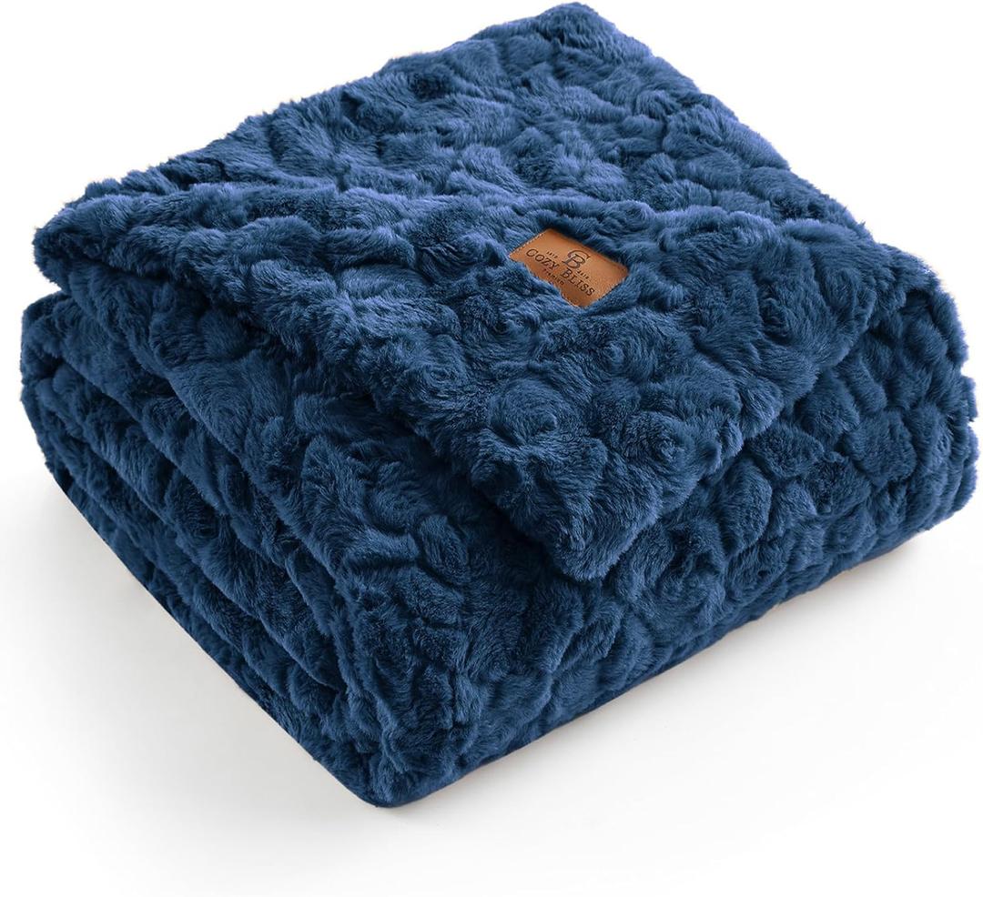Cozy Bliss Faux Fur Throw Blanket for Couch, Fuzzy Soft Plush Thick Warm Fluffy Reversible Wave Textured Blanket for Sofa Bedroom Living Room, 55 * 70 Inches Navy Blue