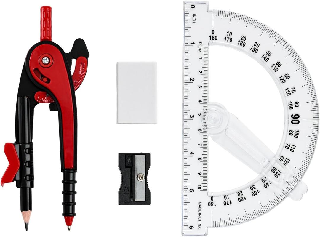 3 x Unjoo Compass and Protractor Set, 6 Inch Protractor with Swing Arm (Red)