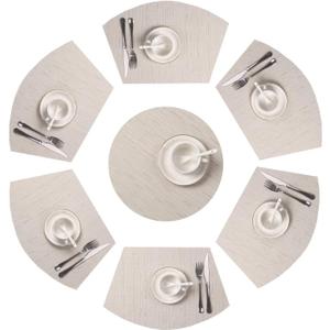 SHACOS Round Table Placemats Set of 7 Wedge Shaped Place Mat with Centerpiece Circle Mat Heat Resistant Small Round Table Mats Washable (7, Beige)