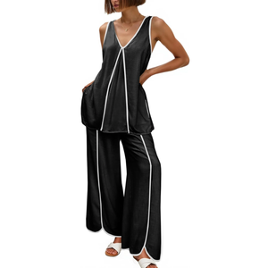 Cicy Bell Womens Summer Lounge Sets V Neck Sleeveless Tunic Tops Pajamas Sets Comfy Loungwear Wide Leg Pants 2 Piece Outfits, S
