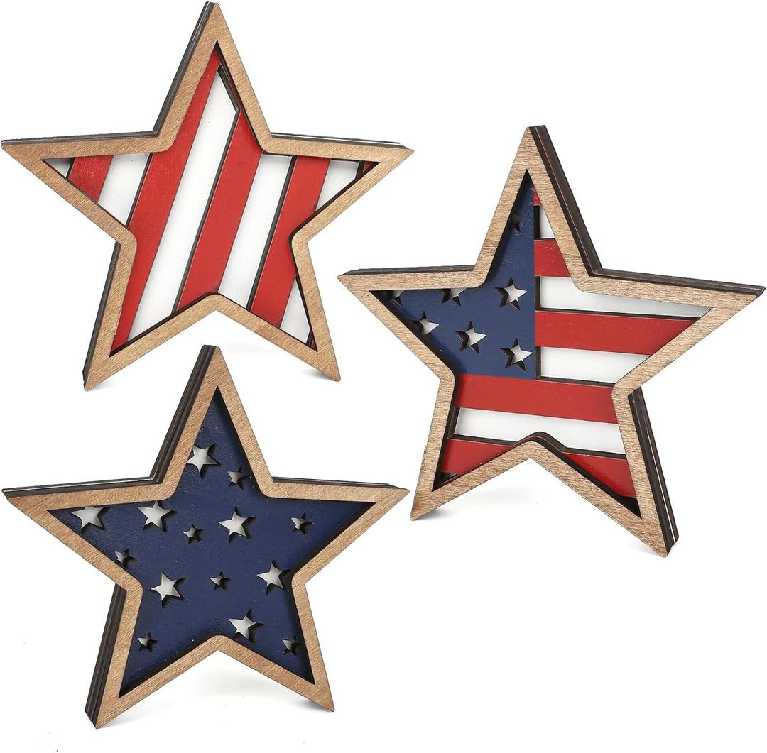 COCHIE 4th of July Decorations Wooden Stars, Patriotic Memorial Day Star Tiered Tray Decor Set of 3, Fourth of July Red White Blue Decoration for Home Office Table Shelf (Flag Hollow)