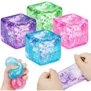 4 Pack Glitter Ice Cube Squishy Fidget Toys, Squishy Cube Stress Balls for Adults & Kids, Slow Rising Stress Relief Toys, Squeeze Ball Filled with Thick Substance and Glitter