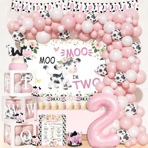 Moo Moo Im Two Birthday Decorations Girl, 2nd Birthday Decorations for Girl, Cow Theme Backdrop Balloon Banner Cake Toppers Boxes Cutout Crown Poster for Girls Two Years Old Party Supplies