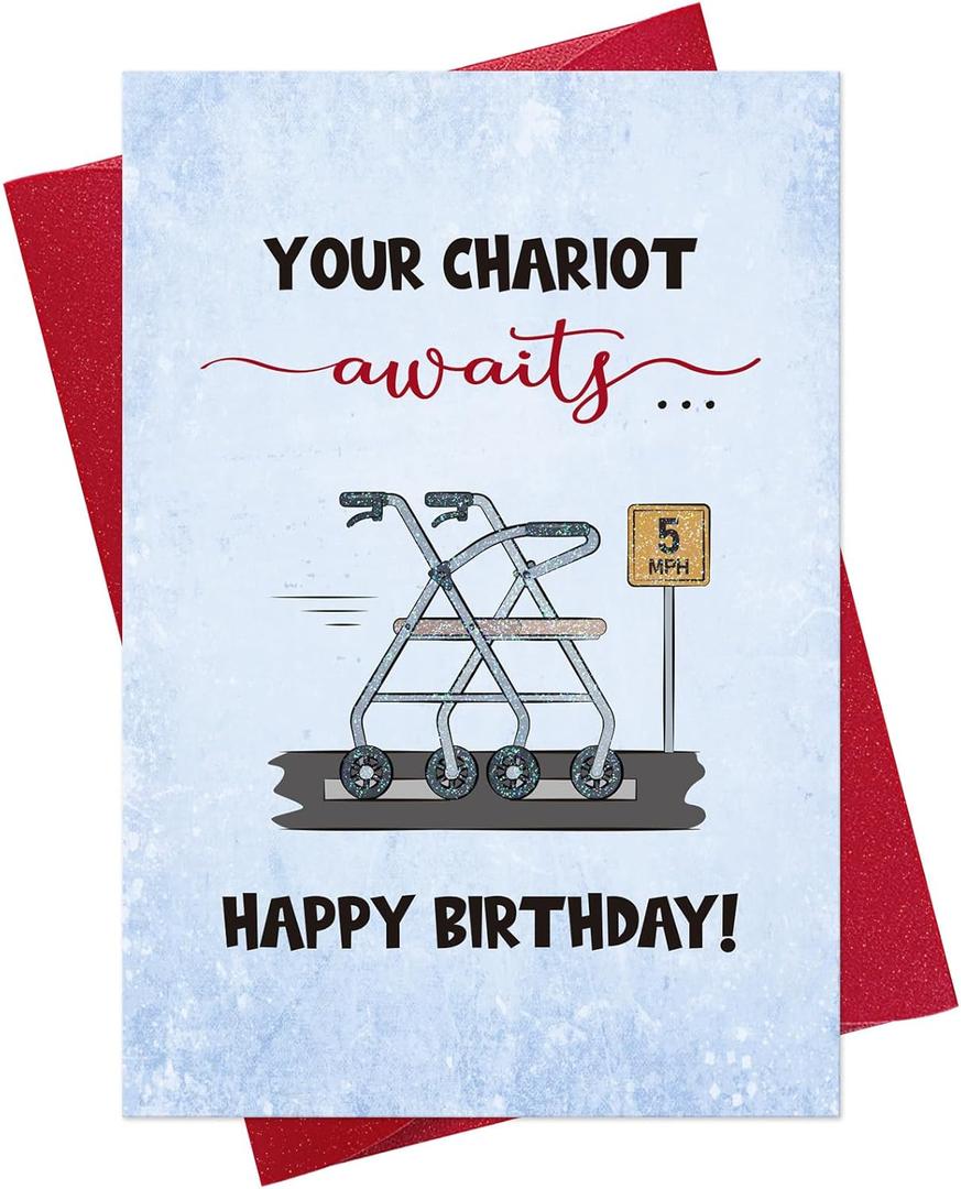 5 x D24TIME Funny Birthday Card for Dad or Mom - 50th 60th 70th 80th Age Joke Gift - Happy Birthday Card for Husband Wife Grandma Grandpa - Older Brother Sister Friend Men (Chariot)