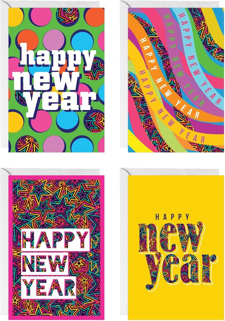easykart labels 16 Happy New Year Cards Boxed Set With Envelopes and Gold Seal Stickers - 6.75" x 4.5" Assorted New Years Greeting Card Set 2024 With Messages Inside