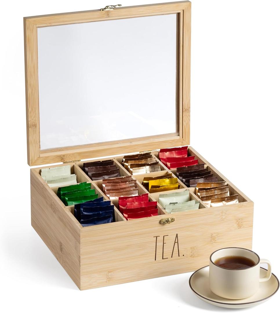 Rae Dunn Tea Bag Organizer - Tea Box Divided Storage Container Box with Hinge Lid for Kitchen Cabinet, Countertop, Pantry, Hold Coffee Pods, Seasoning Packets, Condiments, Bamboo