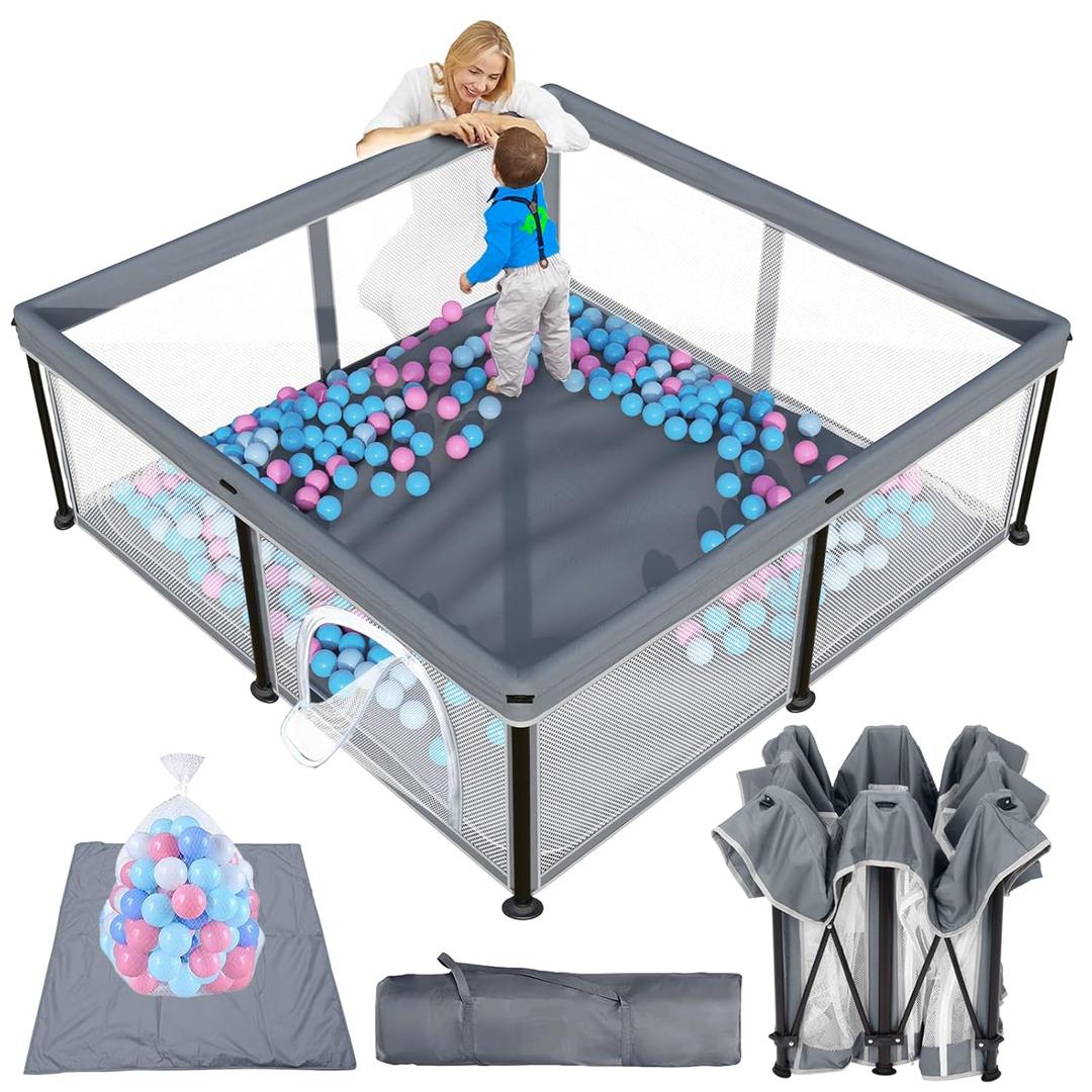 TOREVSIOR Foldable Baby Playpen with Mat, 50"50" Collapsible Play Pen for Babies and Toddlers, Indoor & Outdoor Kids Safety Play Pen, Portable Play Yard, Foldable Baby Playpen with 50 Ocean Balls (Grey)