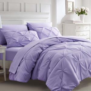 Ubauba Light Purple Queen Size Comforter Set - Bed in a Bag Queen 7 Pieces, Pintuck Beddding Sets Lavender Bed in a Bag with Comforter, Sheets, Pillowcases & Shams, Queen Size