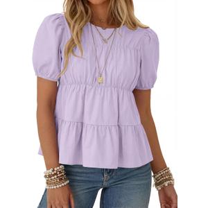 Rapbin Womens Puff Short Sleeve Babydoll Tops Summer Peplum Pleated Cotton T Shirts Casual Loose Fit Flowy Blouses (L)