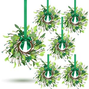 6Pcs St.Patrick's Day Shamrocks Candle Wreath Artificial Clover Rings Wreath Lucky Irish Kitchen Cabinet Wreaths Pillars Candle Wreaths for Front Door Porch Wall Window Decoration (Green)