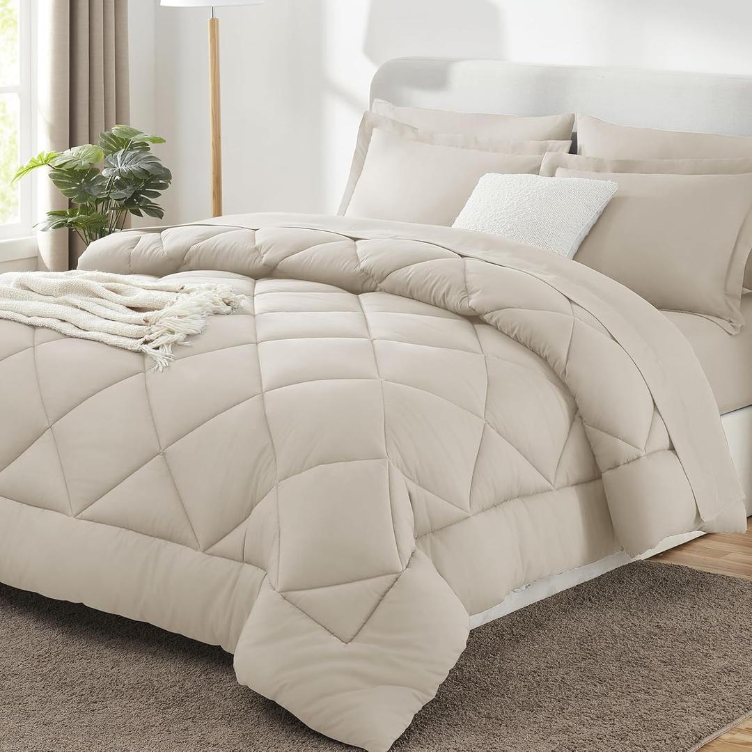CozyLux King Size Comforter Set Beige - 7 Pieces Bed in a Bag King, Luxury Soft Bed Set for All Seasons, Bedding Set with Down Alternative Comforter, Sheets, Pillowcases & Shams