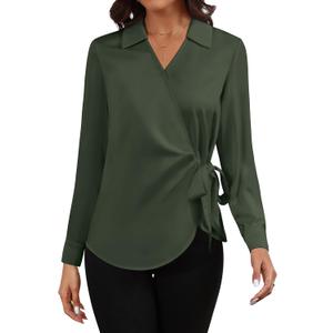 Women Satin Silk Blouse Wrap Tie Knot Front V Neck Long Sleeve Shirt Casual Office Work Tunic Pullover Top (S)