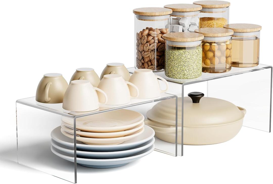 Clear Acrylic Kitchen Cabinet Risers Set of 2 - Anti-Slip Stackable Shelf Organizers, Space Saving Shelves for Counter Display & Spice Organization