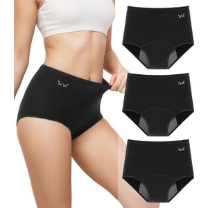 Benirap Period Underwear for Women Heavy Flow Leakproof High Waisted Cotton Panties Postpartum Menstrual Briefs 3 Pack (Large, Black)