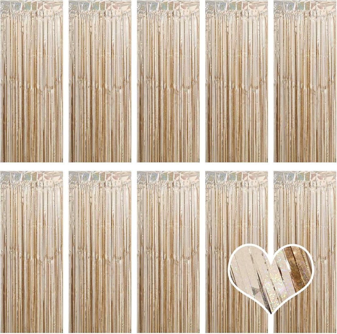 10 Pack Champagne Gold Backdrop Curtain 3.2ft x 8.2ft Metallic Tinsel Foil Fringe Curtains Photo Booth Background for Birthday Party Decoration Engagement Wedding Christmas Decor (Champagne Gold)