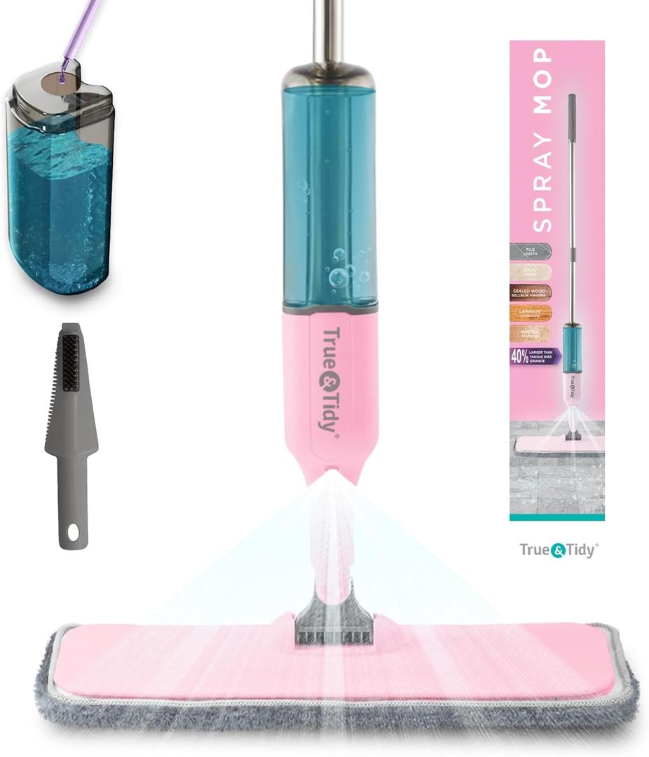 True & Tidy SPRAY-250 Multi-Surface Spray Mop with 490ml Refillable Water Bottle for Floor Cleaning, Works on Wood, Tile, Marble etc, Use Any Cleaning Solution, Machine Washable Microfiber Mop Pads