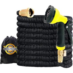 J&B XpandaHose 100ft Expandable Garden Hose with Holder - Heavy Duty Superior Strength 3750D - 4 -Layer Latex Core - Extra Strong Brass Connectors and 10 Spray Nozzle w/Storage Bag (Black 100)