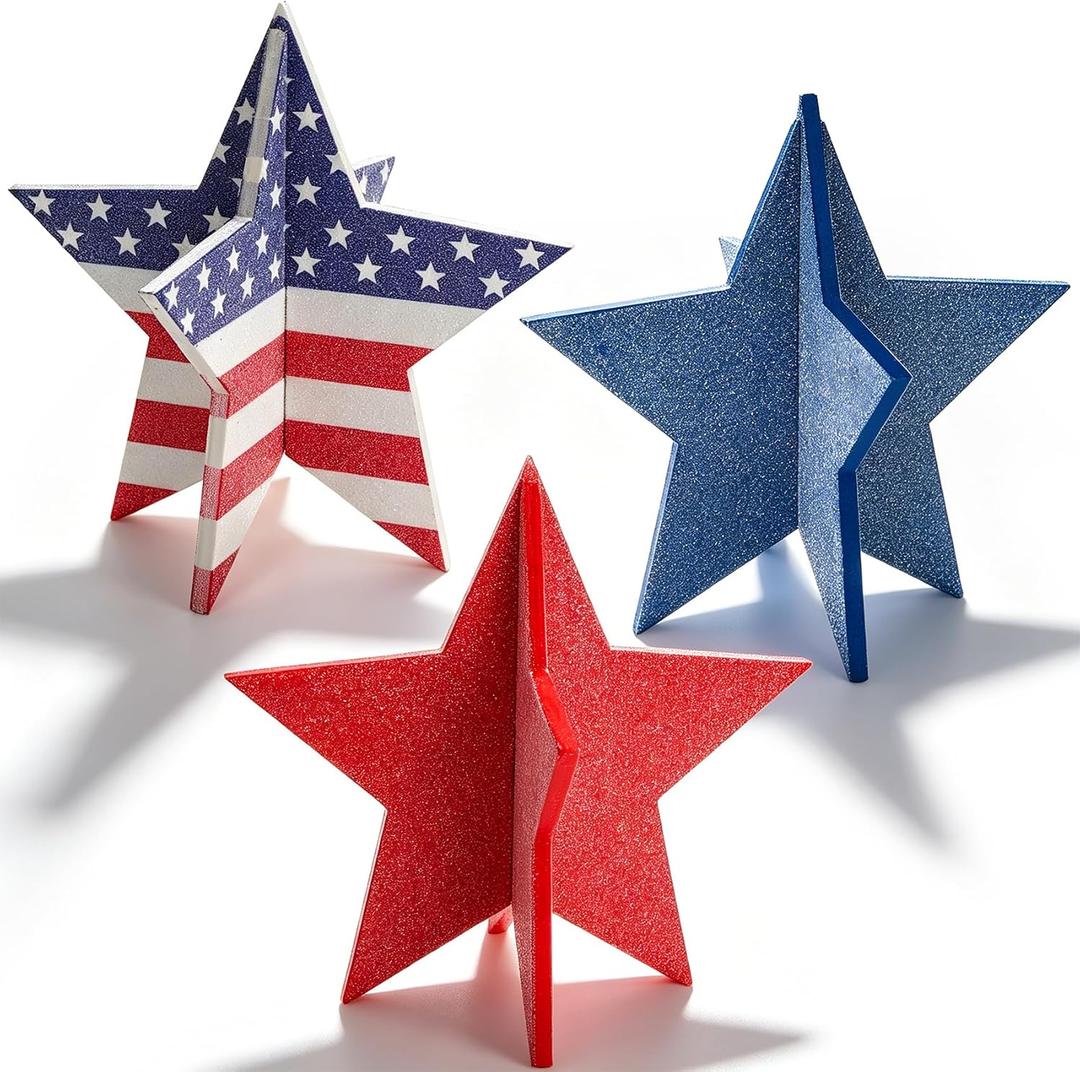 2 x 4th of July Wooden Star Signs, 3D Red White Blue Star Table Decor Glitter Patriotic Star Table Centerpieces for Independence Day Memorial Day Labor Day Tiered Tray Signs Americana Home Office Desk Shelf