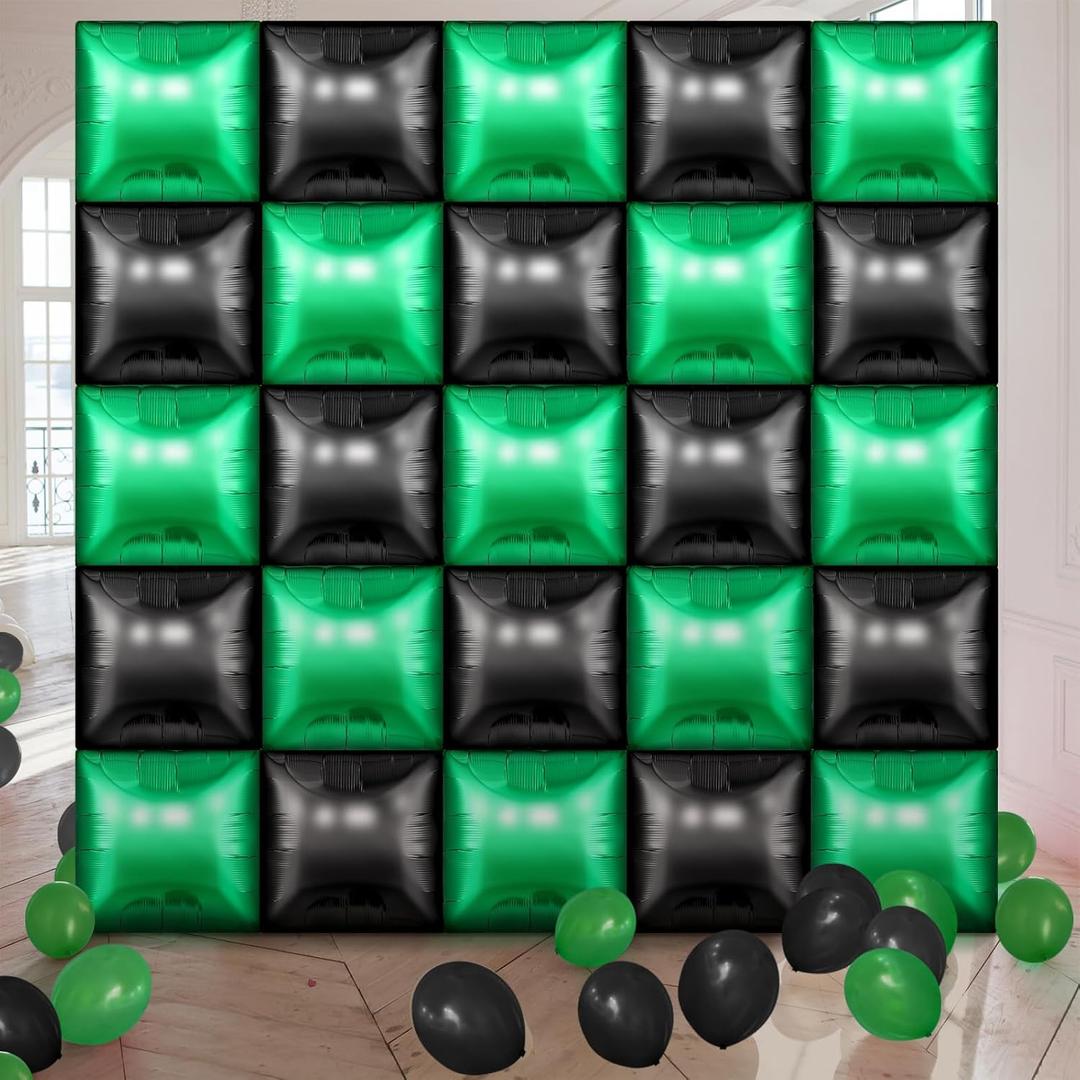 25 Pcs Video Game Party Double Sided Square Foil Balloons Wall Backdrop 19 Inches Green and Black Foil Balloons Tunnel Arch Garland Kit for Boy Game Theme Birthday Party Background Decoration
