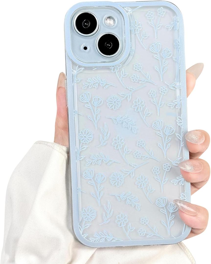 NITITOP Compatible with iPhone 15 Plus Case Cute Clear Blue Durable Flower Floral Leave for Girls Women Soft TPU Transparent Colourful Frame Full Camera Lens Shockproof Protective Cover - Blue