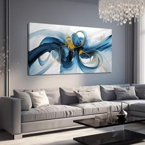 Large Wall Art Blue Abstract Canvas Wall Art Pictures for Living Room Office Wall Decor Decorative Canvas Painting Modern Framed Wall Art Artwork for Wall Print Ready to Hang Size 29x58 Inch