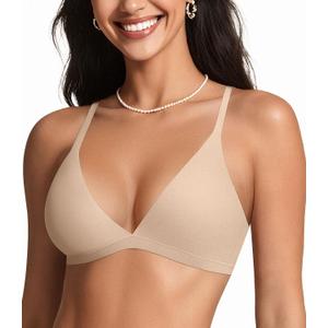 OEAK Womens Comfortable Triangle Bras No Underwire Sexy Plunge Unlined Bralette Pull On Bra Seamless Everyday Tshirt Bras (Large, Beige)