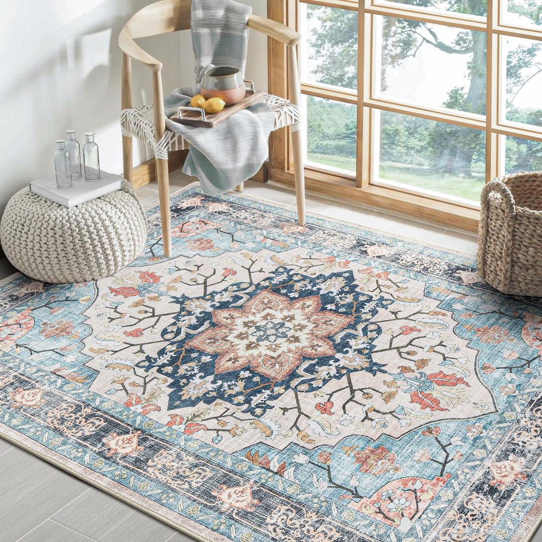 Washable Blue 8'x10' Area Rug - Non Slip, Soft, Low Pile Teal Vintage Boho Floral Indoor Carpet for Living Room, Bedroom, Dining Room, Entryway, Office , Blue