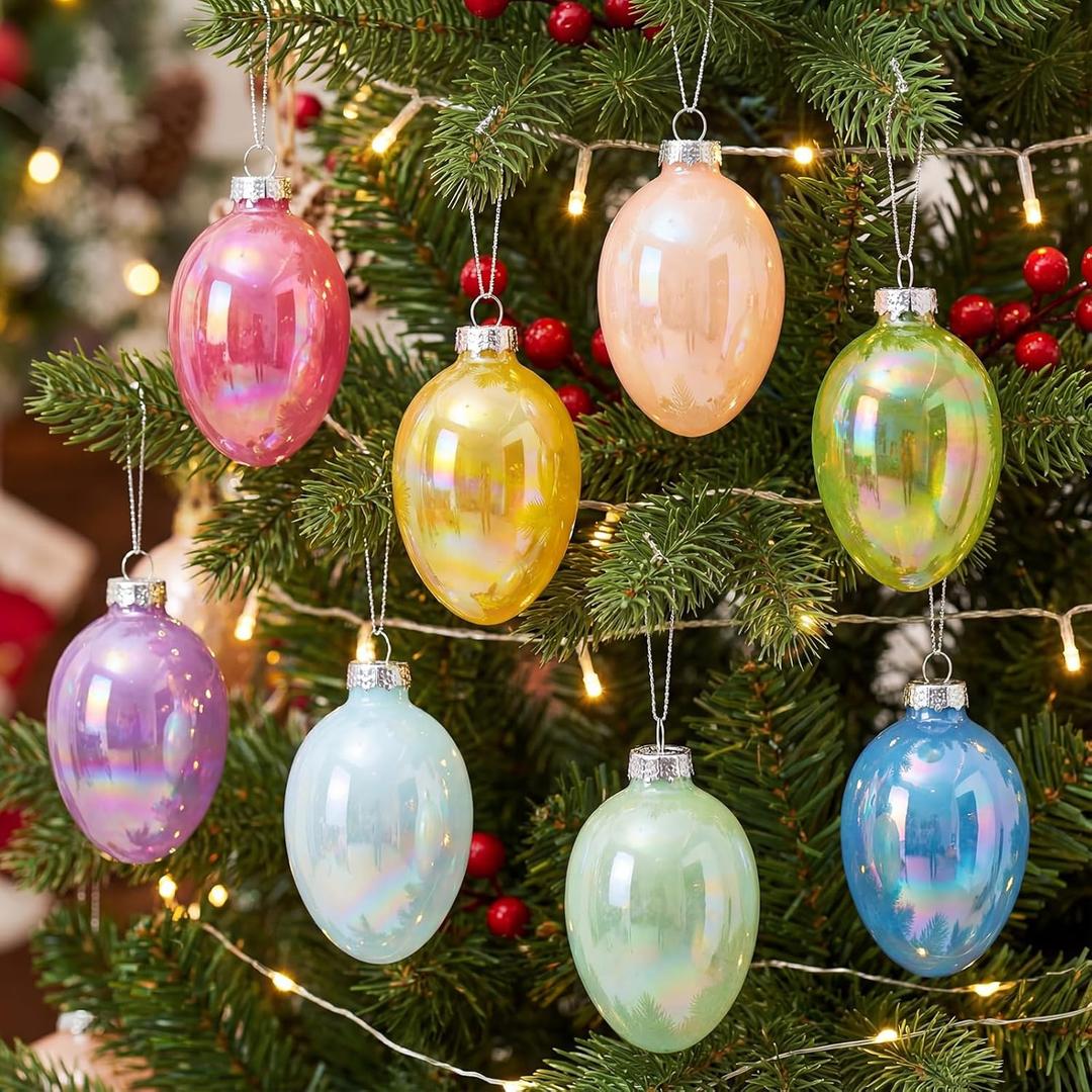 8 Pcs Colorful Glass Easter Egg Ornaments 2.7 Inch Spring Pastel Egg Ornaments Iridescent Opaque Macaron Hanging Easter Tree Decorations for Basket Stuffers Spring Party Bright Color Decor