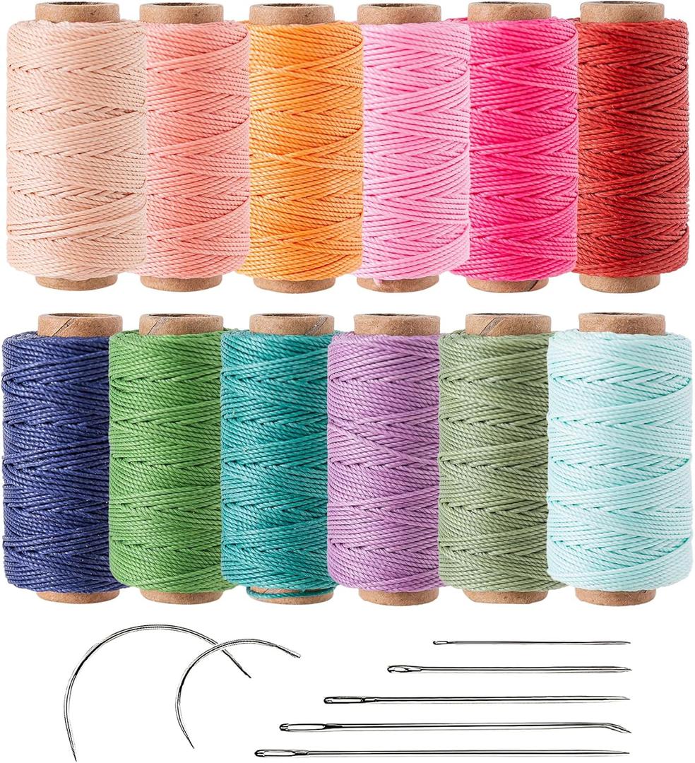 12 Colored Round Waxed Thread 0.8mm, 35 Yards per Spool, 3 Ply Polyester Wax Cord Strings for Hand Sewing, Beading, Bookbinding, Basket Weaving, Micro Macrame Bracelets and Jewelry Making (Rainbow Colors)