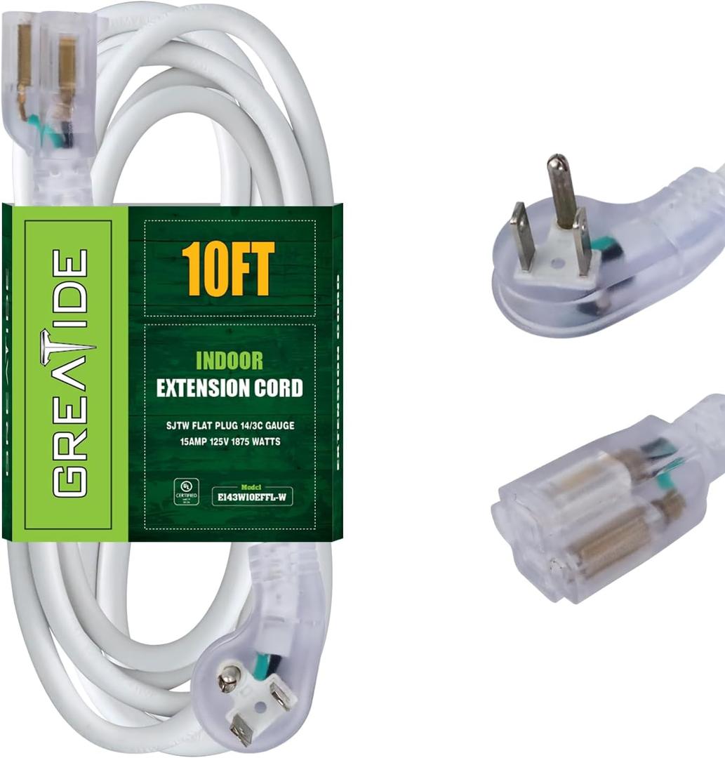 10 Ft 14/3 Flat Plug Lighted Extension Cord, Heavy Duty 14 AWG 3 Prong Grounded White Low Profile Extension Cable for Indoor, UL Listed